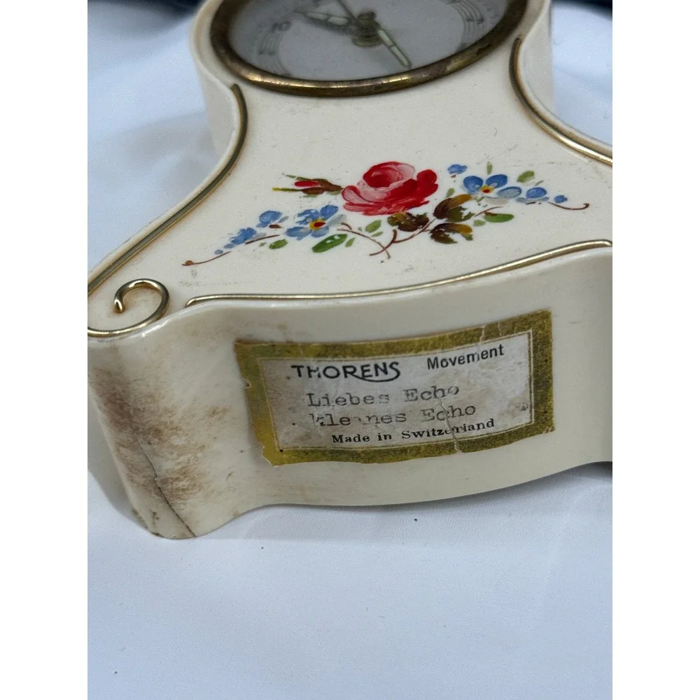VTG Thorens Liebes Echo Musical Alarm Clock Swiss Movement Germany Floral *READ*